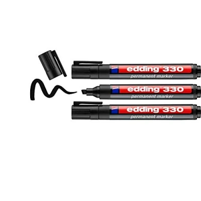 Abbildung von edding 330 Permanentmarker schwarz 3 Stifte Keil Spitze 1 5 mm wasserfest, schnell trocknend wischfest für Karton, Kunststoff, Glas, Holz, Metall, Glas