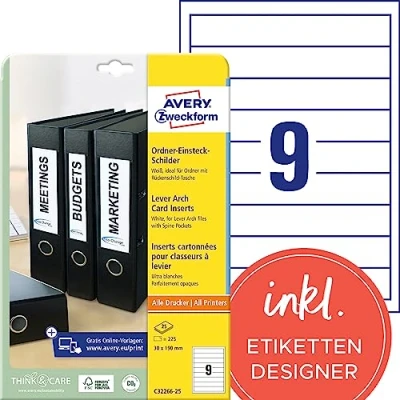 Abbildung von AVERY Zweckform C32266 25 Ordnerrücken Einsteckschilder (225 Rückenschilder, 30x190mm auf A4, bedruckbar, zum Einstecken für schmale/kurze Ordner, Mikroperforation, hochwertiger Karton) Blatt, weiß