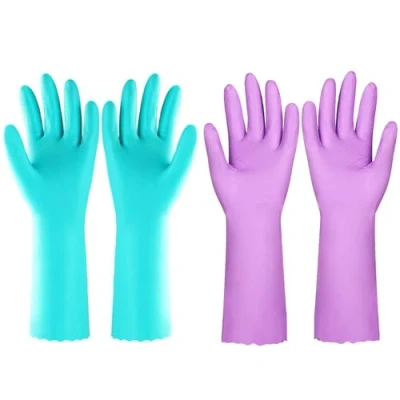 Abbildung von Elgood 2 Paar Wiederverwendbare Haushaltshandschuhe, latexfreie, mit Baumwolle gefütterte Putzhandschuhe, Gummihandschuhe für Küche, Geschirrspülen, Reinigen (Lila + Blau Größe M)