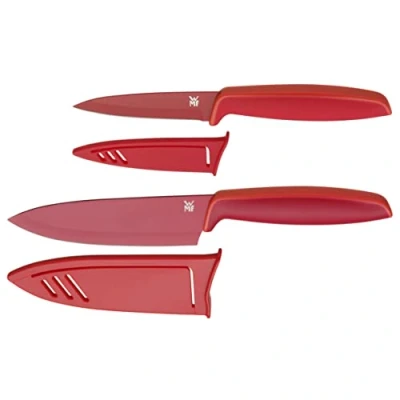 Abbildung von WMF Touch Messerset 2 teilig, Küchenmesser mit Schutzhülle, Spezialklingenstahl antihaftbeschichtet, scharf, Kochmesser, Gemüsemesser, rot