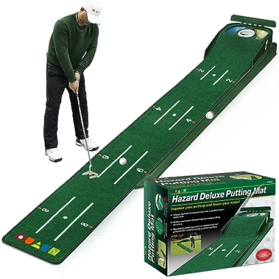 Abbildung von HUAEN Golf Putting Grün, Matte für drinnen, mit Ballrücklauf und 3 Löchern, Trainings Übungsausrüstung zu Hause oder im Büro, Geschenke Zubehör Männer