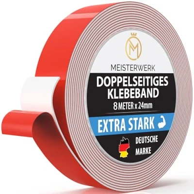 Abbildung von MEISTERWERK Doppelseitiges Klebeband ohne Bohren [EXTRA STARK] Universelles Montageband I stark Doppelklebeband (8m x 24mm)