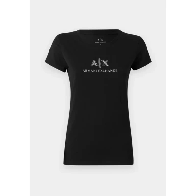 Abbildung von Armani Exchange Women&#039;s Crewneck Slim fit Rhinestone Ax Logo Tee T Shirt, Black, XS