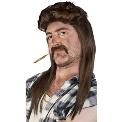 Abbildung von SET aus: Vokuhila Perücke + Bart Goldkette Rocker Prollperücke Vokuhilaperücke Proll Pimp Blond Brünette Grau Schwarz 80er 90er Jahre (Braun Goldkette)