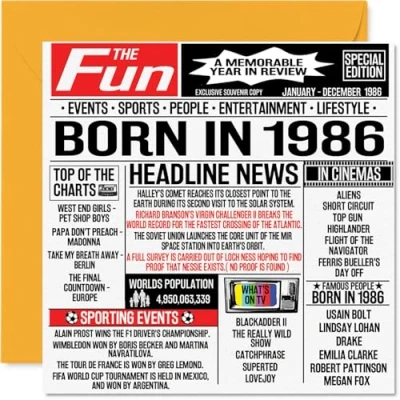 Abbildung von Geburtstagskarte zum 38. Geburtstag für Männer und Frauen Born in 1986 Zeitung Happy Bruder, Schwester, Freunde, Vintage Retro Zurück im Jahr 1986, 145 mm x mm,