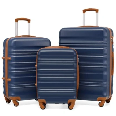 Abbildung von COOLIFE Hartschalen Koffer Trolley Rollkoffer Reisekoffer mit TSA Schloss und 4 Rollen (Blau/Braun, Set)