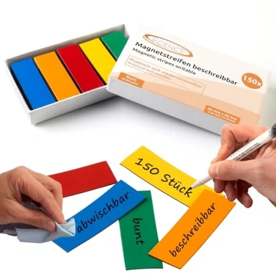 Abbildung von ECENCE 150 Magnetstreifen beschreibbar 60x20mm bunt zuschneidbare Haftstreifen abwischbare Magnetschilder Magnet Etiketten für Whiteboards, Kühlschränke, Magnettafeln
