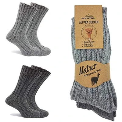 Abbildung von MOUNTREX Alpaka Socken, Wollsocken für Damen, Herren Stricksocken, Haussocken 2 Paar, Grau/Dunkelgrau (Dick wie gestrickt, mit Umschlag), 35 38