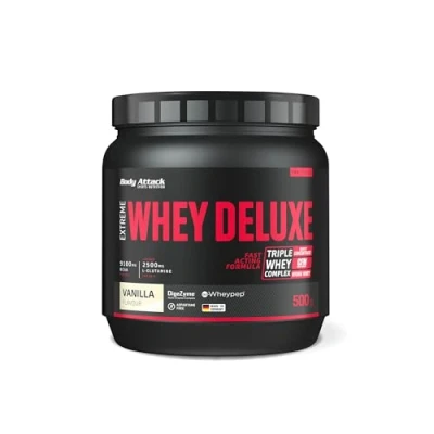 Abbildung von Body Attack Extreme Whey Deluxe Vanilla Cream, 500g Made in Germany Eiweißpulver mit Aminosäuren, Triple Complex, CFM Isolate, perfekt lösliches Protein Pulver, fettarm, zuckerarm
