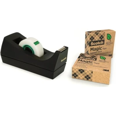 Abbildung von Scotch Abroller, Schwarz inkl. 3 Rollen Magic Klebeband A Greener Choice mit Pflanzlichem Klebstoff und 100 % Recyceltem Karton, Nachfüllbarer Klebebandabroller für Schule, Zuhause Büro