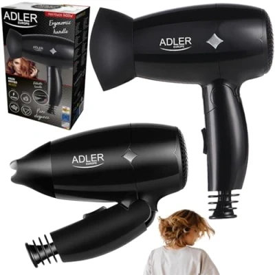 Abbildung von ADLER AD 2251 Reisehaartrockner, zusammenklappbar, 1400 W, kompakt, 2 Temperaturen, Geschwindigkeitsstufen, Polymer, Schwarz