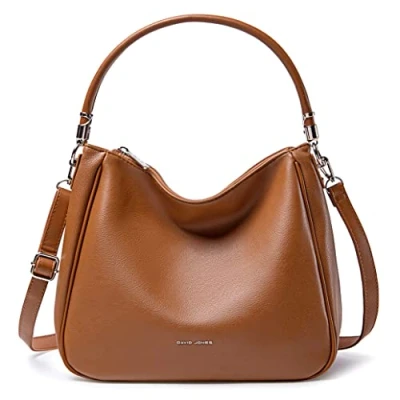 Abbildung von David Jones Damen Schultertasche Hobo Frau Umhängetasche PU Leder Handtasche Top Griff Lange Henkel Tasche Beuteltasche Mittelgroße Shopper Einfache Klassische Leichte Elegante Braun Cognac