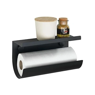 Abbildung von WENKO Küchenrollenhalter Jet aus Metall 30 x 15 12 cm mit Ablage, zum Bohren, alternativ Befestigung Static Loc® Plus Adaptern (inkl.) ohne Schwarz, Befestigungsmaterial enthalten