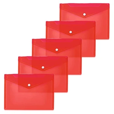 Abbildung von HERMA 20054 Dokumententaschen A5 transparent rot, 5 Stück, kleine Sichttaschen Umschläge mit Druckknopf, Briefumschläge aus Plastik für Schule, Uni, Büro, Reise