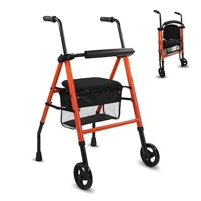 Abbildung von Mobiclinic®, Gehhilfe, Nerón, Europäische Marke, Rollator, 2 Vollgummireifen, Höhenverstellbar, Mit Sitz und Rückenlehne, Korb, Aus Stahl, Stabil, Schmal, Rollator faltbar leicht, Orange