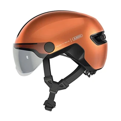 Abbildung von ABUS Stadthelm HUD Y ACE stylischer Fahrradhelm mit Visier und magnetischem, aufladbarem LED Rücklicht für Damen Herren Orange, Größe L