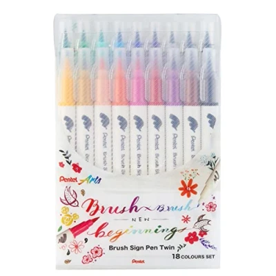 Abbildung von Pentel Brush Sign Pen Twin SESW30C Faserschreiber, 2 pinselähnliche Spitzen, sortiert (18 Stück farblich sortiert)