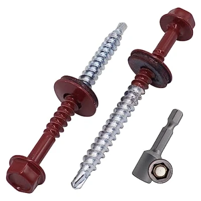 Abbildung von SKIR&#039;CO (50 Stück) lackierte Dachschrauben 4,8 x 60 mm, Sechskantkopf, selbstbohrende Schrauben mit EPDM Unterlegscheiben (Oxidrot, RAL 3009)