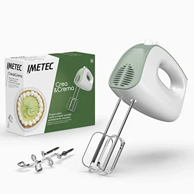 Abbildung von Imetec Crea &amp; Crema Handrührer extra lange Schneebesen für süße Teige und Schlagsahne, Knethaken aus Edelstahl, 5 Geschwindigkeiten, Turbofunktion, ergonomisches Design, 500 W., Weiß Grün.