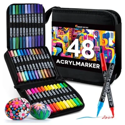 Abbildung von Zenacolor 48 Acrylstifte für Steine wasserfest mit Doppelspitze (feine Spitze und Pinsel) verschiedene Oberflächen Multimarker Acryl einer Tasche