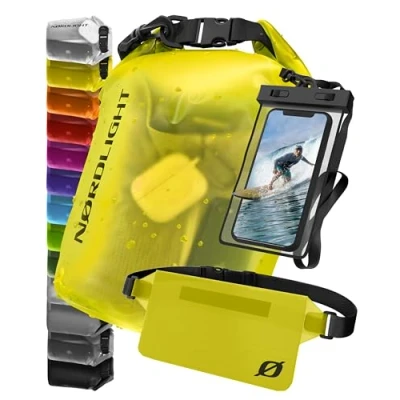 Abbildung von Nordlight wasserdichte Tasche 3er Set (Gelb) Dry Bag 20l + Handyhülle Hüfttasche IPX8 Schutz Mit Verstellbaren Gurten Für Strand, Stand Up Paddling