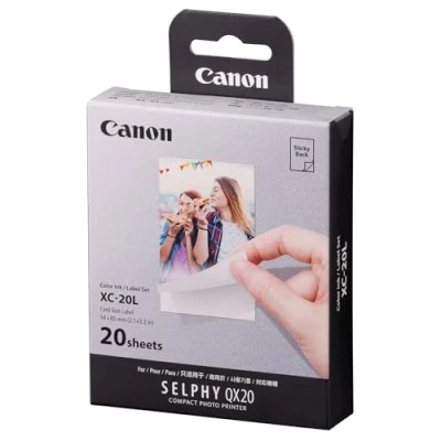Abbildung von Canon XS 20L Original Farbband/Papierset quadratisch für SELPHY Square QX20 Fotodrucker (20 Blatt, selbstklebend, Kleberückseite, Papierformat, Thermosublimation)