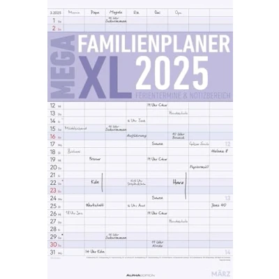 Abbildung von Alpha Edition Der MEGA Familienplaner XL 2025 Familientimer, 33x49,5cm, Familienkalender mit 8 Spalten für Termine, viel Platz Notizmöglichkeiten, Ferientermine DE/AT/CH, deutsches Kalendarium