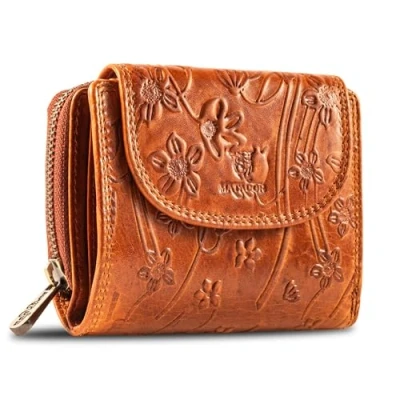 Abbildung von MATADOR SARAGOSSA RFID Blocker Leder Portemonnaie Damen Geldbeutel Portmonee mit Geschenk Box Geldbörse Mittelgroß Viele Fächer Geldtasche Brieftasche Blumen Braun