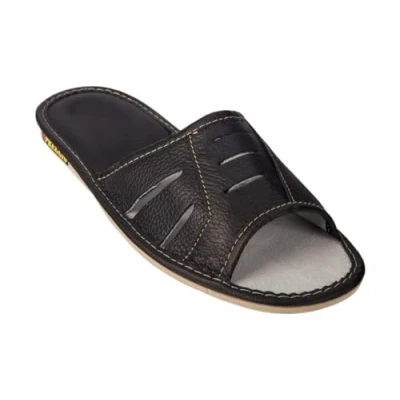 Abbildung von APREGGIO Herrenhausschuhe aus Glattleder Flache Sohle Offene Spitze Pantoffeln Herren Leder Ideal als Hausschuhe für den Sommer 100% Naturprodukt Schwarz Größe 43 EU