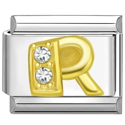 Abbildung von Quiges 9mm Italian Style Charm Modell Edelstahl Alphabet Buchstaben R für Italien Armbänder