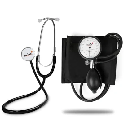 Abbildung von Pulox Flachkopf Stethoskop &amp; Manuelles Blutdruckmessgerät (Aneroid Sphygmomanometer) im Set mit Tasche