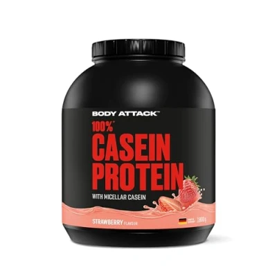 Abbildung von Body Attack 100% CASEIN Protein Strawberry, 1,8 kg Dose Hochwertiges Pulver für Muskelaufbau Training langanhaltende Eiweiß Versorgung ideale Ergänzung zu Whey