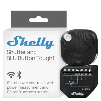Abbildung von Shelly Shutter &amp; BLU Button Tough1 (Bundle) WLAN betriebener Smart Relaisschalter, 2 Kanäle, 4A, Leistungsmessung, Rolladenschalter, Hausautomation, Kein Hub Erforderlich, Alexa Google Home