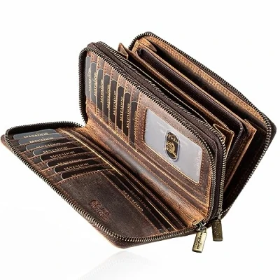 Abbildung von MATADOR Madrid Geldbeutel Damen Leder mit edler Geschenk Box Geldbörse Groß RFID Schutz Portemonnaie Doppelter Reißverschluss Brieftasche Hunter Braun
