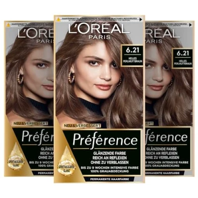 Abbildung von L&#039;Oréal Paris Permanente Haarfarbe, Haarfärbeset mit Coloration und Farbglanz Pflegebalsam, Préférence, 6.21 Helles Perlmuttbraun, 3er Set