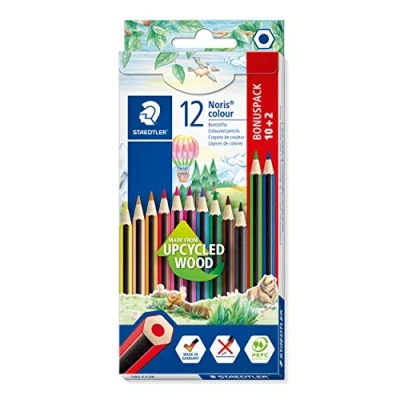 Abbildung von STAEDTLER Buntstifte Noris colour, rutschfeste Soft Oberfläche, hohe Bruchfestigkeit, Made from Upcycled Wood, intensive Farben, Sechskantformat, 10 + 2 Farbstifte im Kartonetui, 185 C12P
