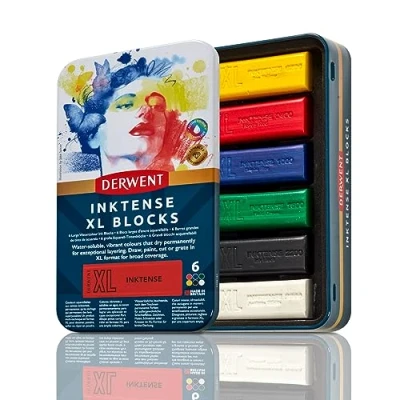 Abbildung von Derwent Inktense XL Farbblock, 6er Set Malstifte, 60 mm, extrabreite Farbstifte, wasserlöslich, ideal zum Skizzieren, Zeichnen und für ausdrucksstarke Zeichnungen, Profi Qualität,in Stiftebox,2306161