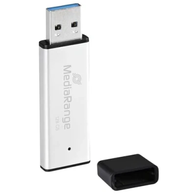 Abbildung von MediaRange USB 3.0 Hochleistungs Speicherstick 128GB Mini Flash Laufwerk mit hochwertigem Aluminium Gehäuse, externe Speichererweiterung Lesegeschwindigkeit von bis zu 220 MB/s, Farbe Silber