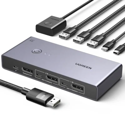 Abbildung von UGREEN 8K@60Hz Displayport KVM Switch, DP 1.4 Switch 2 pc 1 monitor, 4K@240Hz, 4 Port USB C,4 von Tastatur, Maus, Festplatte, Drucker und Monitor
