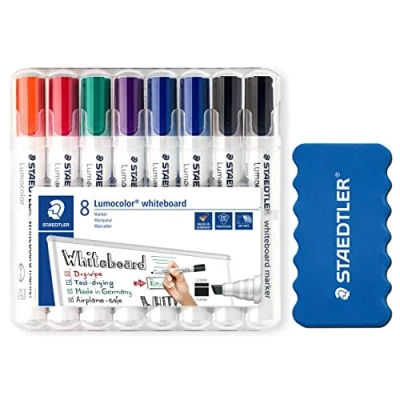 Abbildung von STAEDTLER Whiteboard Marker Lumocolor, Keilspitze ca. 2 oder 5 mm Linienbreite, trocken und rückstandsfrei abwischbar, hohe Qualität, Set mit 8 Markern inkl. Schwamm, 351BWP8XP1X
