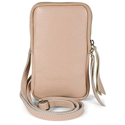 Abbildung von styleBREAKER Damen Leder Handy Umhängetasche mit genarbter Oberfläche, Reißverschluss, Echtleder Mini Bag 02012374, Farbe:Altrose
