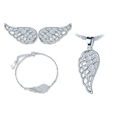 Abbildung von Yumilok Damen Ketten Halskette Armkette Ohrstecker mit Flügel Anhänger in 925 Sterling Silber Schmuck Sets für Frauen Mädchen