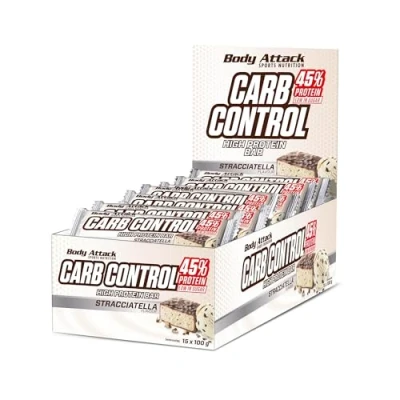 Abbildung von Body Attack Carb Control, Proteinriegel ohne Zuckerzusatz, Low Sugar High Protein, Eiweißriegel mit Whey, auch in der Mix Box (Stracciatella, 15 x 100g)