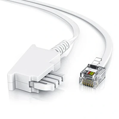 Abbildung von CSL 20m Telefonkabel TAE F Stecker auf RJ11 Int. Norm 6P4C / 4 polig belegt Flachkabel von analoger Telefondose zum Telefon Fax Modem Router Anrufbeantworter, 20 Meter weiß