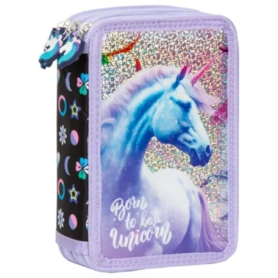 Abbildung von Ragusa Trade Mädchen Kinder Pferde Einhorn Unicorn 3 Fach Federtasche Federmappe Schlamper 43 TLG. gefüllt, lila/Glitzer, 20 x 13 7 cm