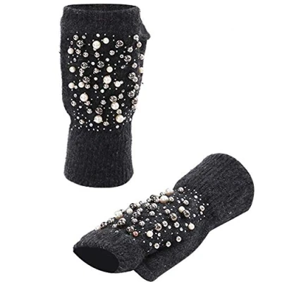 Abbildung von Amorar Frauen Winterhandschuhe Armstulpen Handstulpen Pulswärmer Strickhandschuhe Fingerlose Handschuhe halbe Fingerhandschuhe Fausthandschuhe mit Bohrer und Perle