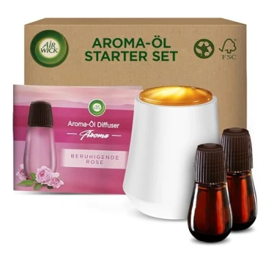 Abbildung von Air Wick Aroma Öl Flakon Starter Set Diffuser mit 2 Nachfüllern Aromatherapie Duft: Beruhigende Rose Floraler Raumduft ätherischen Ölen x 20 ml + Gerät in Weiß