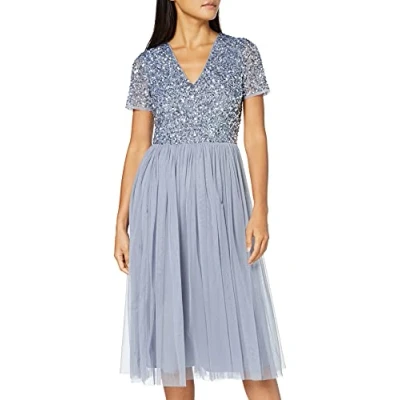Abbildung von Maya Deluxe Damen Midi Kleid mit V Ausschnitt, Verziert Brautjungfernkleid, Dusty Blue, 40