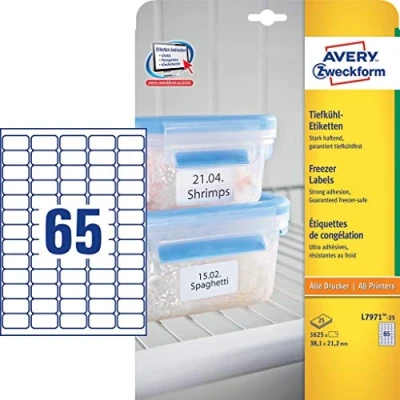 Abbildung von AVERY Zweckform L7971 25 Tiefkühletiketten (1.625 Aufkleber, 38,1x21,2mm auf A4, selbstklebend, temperaturbeständige und tiefkühlfeste Klebeetiketten für Gefriergut, bedruckbar) Blatt, weiß
