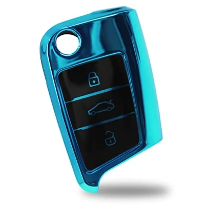 Abbildung von Autoschlüssel Hülle für 3 Tasten Auto Schlüssel TPU Schutzhülle Chrom Hochglanz Schlüsselhülle Cover Kfz Zubehör VB (Chrom Blau)